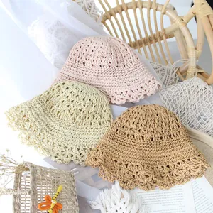 Kids Korean Style Sweet Crochet Straw Hat Sun Protection Breathable Hollow Out Wavy Brim Beach Bucket Hat For Girls Baby Toddler Summer Vacation