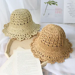 Handcrafted crochet straw sun hats for girls featuring wavy edges and breathable hollow design
