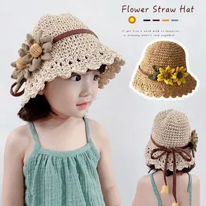 Chapeau de Soleil en Paille avec Tournesol pour Enfants Bord Ondulé Chapeau de Plage Été pour Filles Bambin Tissage Coréen Chapeau Décoratif avec Nœud