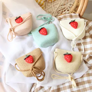 Handmade Straw Woven Crossbody Bag For Kids Sweet Strawberry Decor Small Purse Summer Breathable Shoulder Bag For Girls Boys Gift