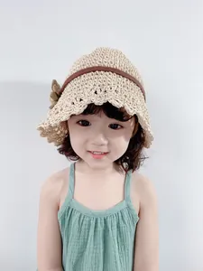 Chapeau de soleil en paille tissée pour filles avec fleur et ruban marron plage