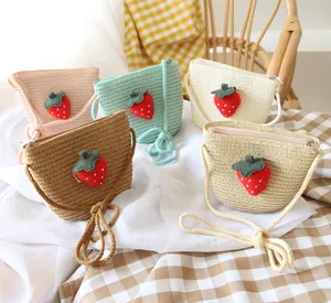 Summer kids straw crossbody bags with 3D plush strawberry in five pastel colors