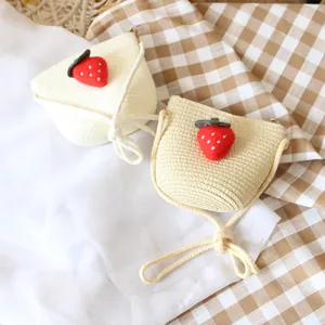 Kids handmade summer straw crossbody bag with 3D strawberry decorations and zipper