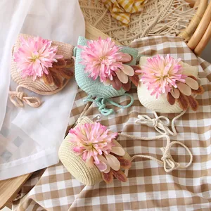 Kids Girls Handmade Straw Woven Mini Crossbody Bag With Large Flower Decoration Beach Vacation Small Shoulder Purse