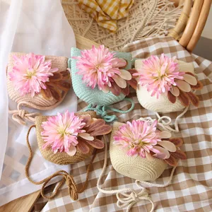 Kids floral straw woven crossbody bag in five pastel colors for beach and summer travel