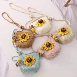 Detailed collection of girls straw crossbody bags with sunflowers in various pastel colors