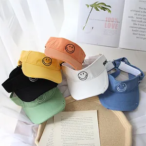 Kids Cotton Canvas Sun Visor Hat Distressed Frayed Edge Embroidered Smiley Face Adjustable Summer Sun Protection Hat For Boys Girls
