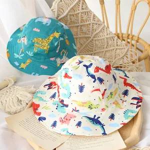 Kids Cotton Fisherman Hat Cartoon Dinosaur Animal Floral Print Sun Hat Wide Brim Outdoor Bucket Hat For Toddler Girls Boys