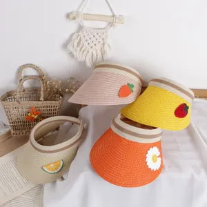 Summer kids straw visor hats set with fruit embroidery in pink yellow and beige