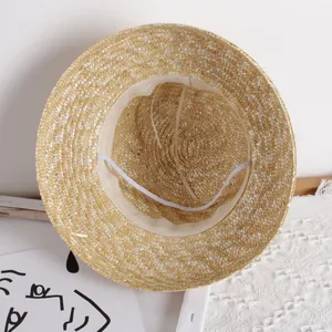 Chapeau de soleil en paille naturelle pour filles avec mentonnière élastique et bord large