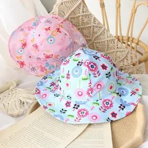 Spring floral baby sun hats in pink and blue with wide brim for toddler girls