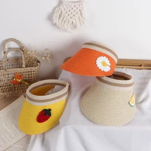 Kids open top straw sun hat with cute fruit embroidery and wide brim for summer protection