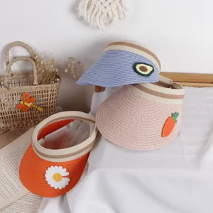 Child fruit straw sun visor hats in orange, pink, and blue with cute fruit patches