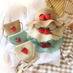 Girls Sweet Strawberry Woven Straw Hat And Matching Crossbody Bag Summer Sun Protection Breathable Foldable Beach Hat