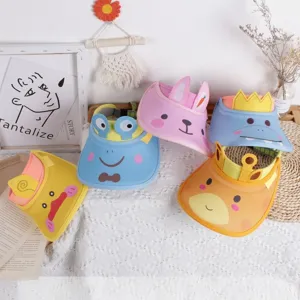Detail view of colorful cartoon animal sun visors for kids featuring EVA foam characters