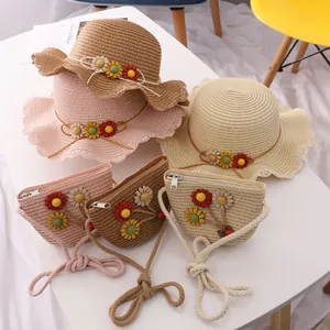 Kids Summer Straw Sun Hat And Floral Crossbody Bag Set For Girls Wavy Edge Beach Travel Sun Protection Headwear Accessory