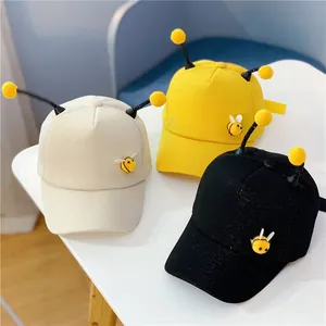 Linda Gorra de Béisbol de Abeja para Niños Con Divertidas Antenas 3D Pompones Mezcla de Algodón Sombrero de Sol Ajustable Exterior