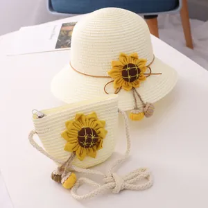 Kids straw sun hat and matching sunflower crossbody bag set in cream white