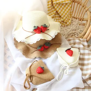 Kids strawberry straw sun hat and matching crossbody bag set with lace brim in rural style