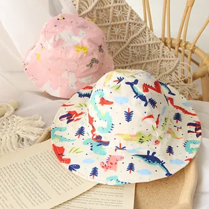 Cute spring cotton sun hats for girls featuring alpaca and dinosaur prints on woven mat