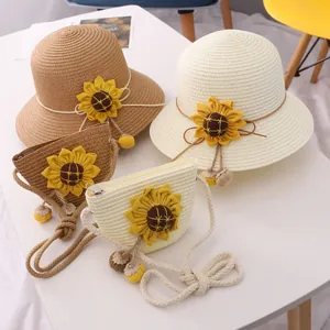 Kids sunflower straw hat and matching crossbody bag set for summer beach vacations