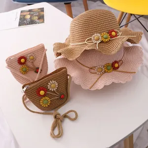 Kids summer straw sun hat and matching floral bag set with delicate lace flower decor