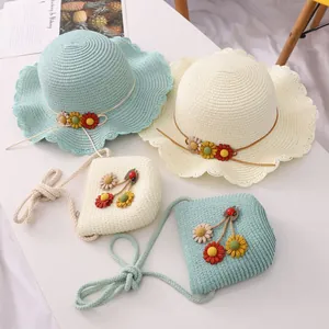 Kids summer straw hat and matching flower bag set in mint green and cream white