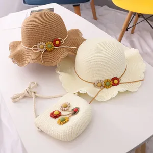 Kids woven straw sun hat and matching floral bag set for summer beach outings