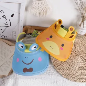 Detail of cartoon animal summer sun visors for girls with wide brims and elastic straps