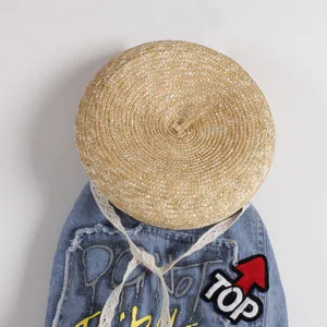 Kids Straw Braided Beret Hat For Girls Summer Sun Protection Beach Hat With White Lace Ribbon Retro Fashion Beige Hat