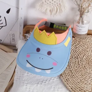 Detail of adjustable elastic strap on kids cartoon crown sun hat with blue EVA brim