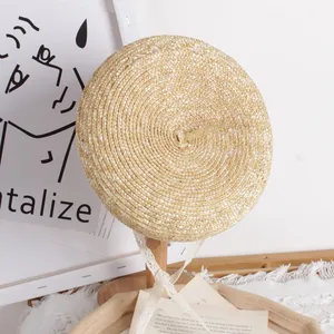 Handwoven straw beret for kids with white lace ribbons for summer sun protection