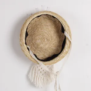 Kids flat top straw boater hat with lace ribbons and fringe tassels for summer