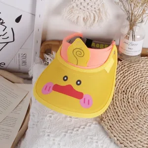 Detail of kids cartoon duck sun visor with elastic band and adjustable metal buckle
