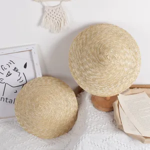 Kids breathable straw sun hat with pointed top and wide brim in cream and white
