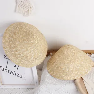 Breathable hand-woven pointed straw hat for kids in natural yellow with flat brim