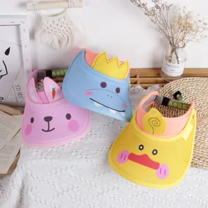 Kids summer sun visors featuring cartoon rabbit, dinosaur, and duck characters on stand