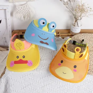 Kids cartoon animal sun visors in blue frog, yellow duck, and orange giraffe styles