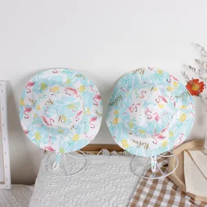Kids breathable cotton sun hat with tropical flamingo print and adjustable wind lanyard