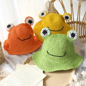 Handmade woven frog straw hats for kids in green yellow and orange for summer sun protection