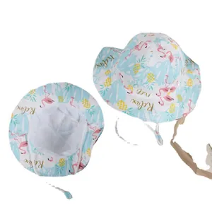 Kids breathable summer sun hat with flamingo and pineapple print and windproof lanyard