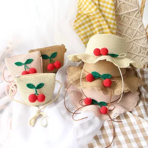 Kids straw sun hats and crossbody bags set with cherry decoration in three colors