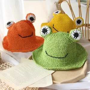 Handwoven straw cartoon frog hats for kids in orange, yellow, and green colors