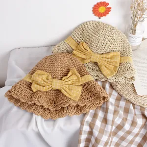 Kids Girls Handwoven Paper Straw Sun Hat With Plaid Bow Knot Scalloped Edge Foldable Summer Beach Basin Hat For 2-6 Years