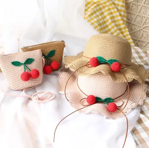 Handmade summer straw hat and matching cherry bag set for girls in pink and beige