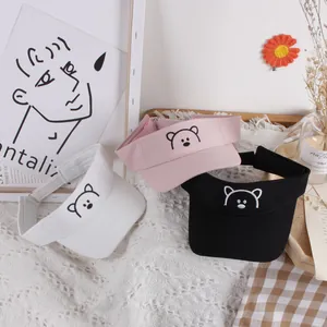Kids breathable open top sun hat with bear embroidery in white, pink and black