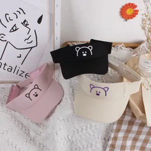 Breathable children's sun visor hats with cute bear embroidery in black, pink and beige