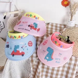 Kids cute cartoon dinosaur sun visor hats in pink and blue colors with adjustable straps