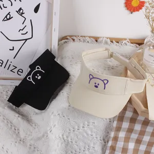 Kids breathable sun visor with cute bear embroidery in black and beige canvas