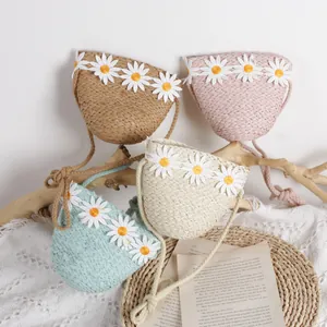 Kids Daisy Straw Crossbody Bag Handwoven Flower Mini Coin Purse For Baby Girls Cute Rural Summer Beach Travel Shoulder Bag